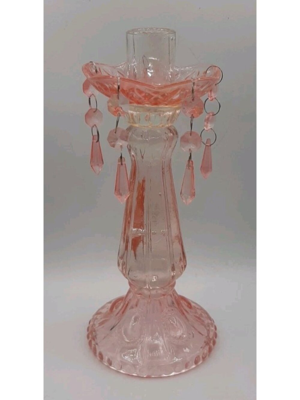 Vintage Pink Glass Mantel Prisms Victorian Style Candle Holder 9 Inch Tall